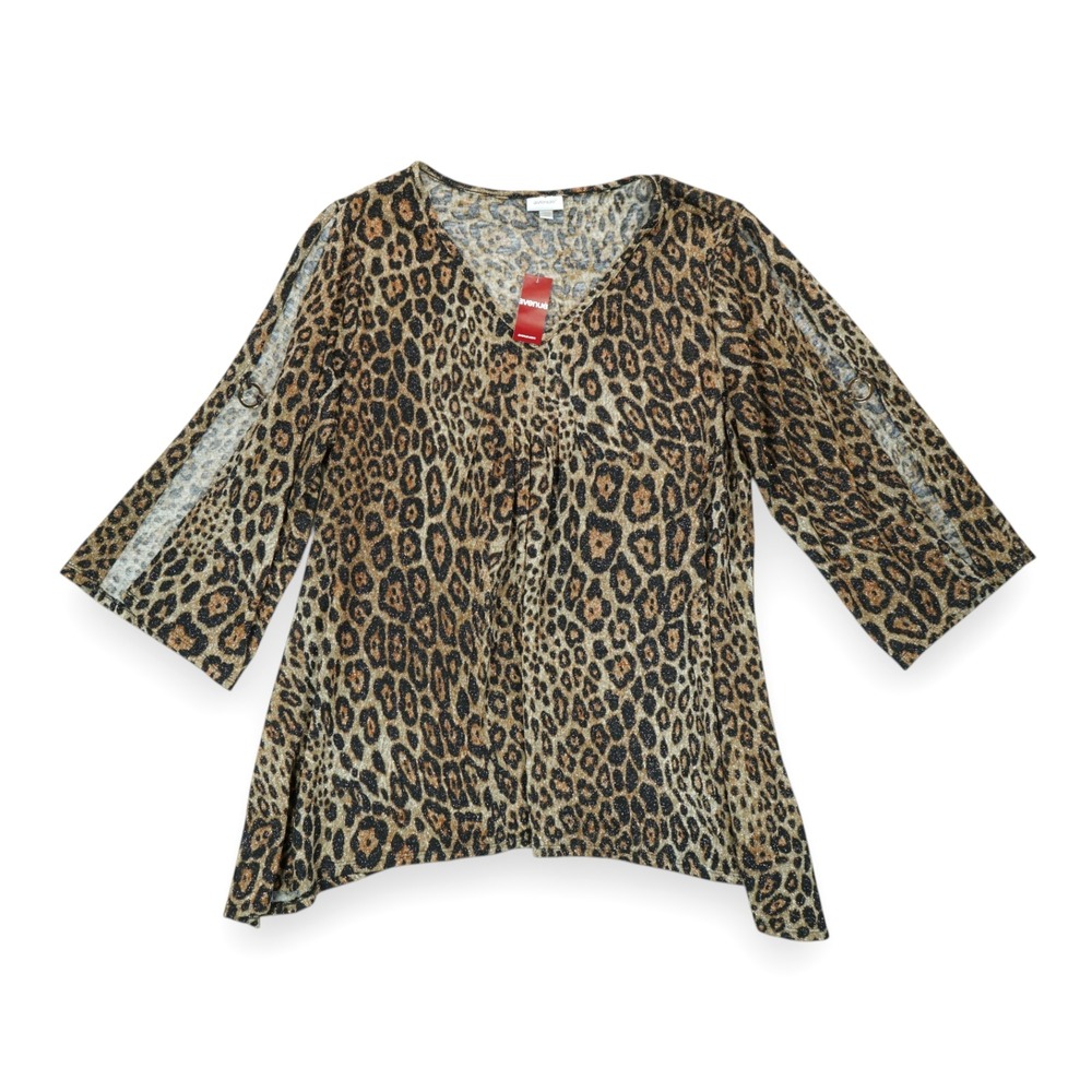 NWT Avenue‎ Women's Top Tunic 3/4 Sleeve Animal Print Shimmer  V neck Size 18/20